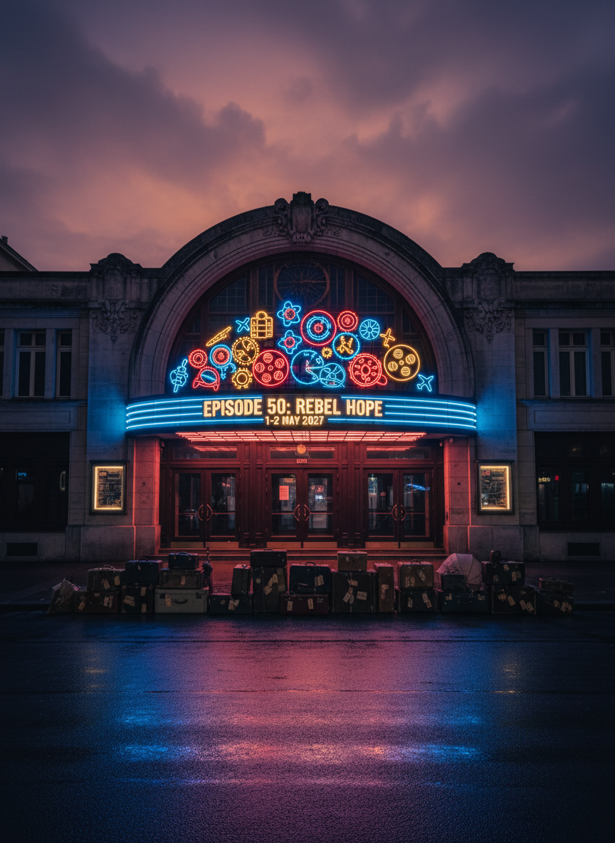 A night-time, wide cinematic view of a vintage-style Geneva cinema façade repurposed for a private birthday event titled Episode 50: Rebel Hope, covering 1–2 May 2027. The marquee bears no text, only glowing abstract symbols suggesting film genres, clocks, and travel. The street is wet from recent rain, reflecting crimson and sapphire neon lights. In front of the cinema, a line of mismatched suitcases and umbrellas stands where people would normally queue, hinting at guests arriving from different places and accents. Overhead, low clouds catch a faint city glow. Shot at street level with a slight tilt, the composition emphasizes reflections and negative space, creating a stylish, slightly ominous mood, like the establishing shot of an art-house movie about a secret celebration.