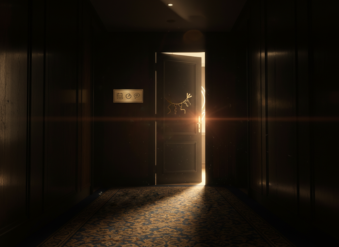 A long, cinematic hallway of a boutique Geneva hotel, rendered in deep shadows and pools of light, as if from a stylish noir film. At the center, a single dark door stands slightly ajar, from which a subtle, warm golden glow spills onto the patterned carpet, hinting at the festivities of Episode 50: Rebel Hope inside. On the wall beside the door, a minimalist sign shows abstract icons for dates, accessibility, and multilingual inclusivity instead of words. The lighting is directional and low-key, with dramatic contrasts and soft lens flare from a hidden source. Shot from a low angle, the corridor stretches into darkness behind, creating suspense and the feeling of being on the verge of entering a private screening or birthday scene.